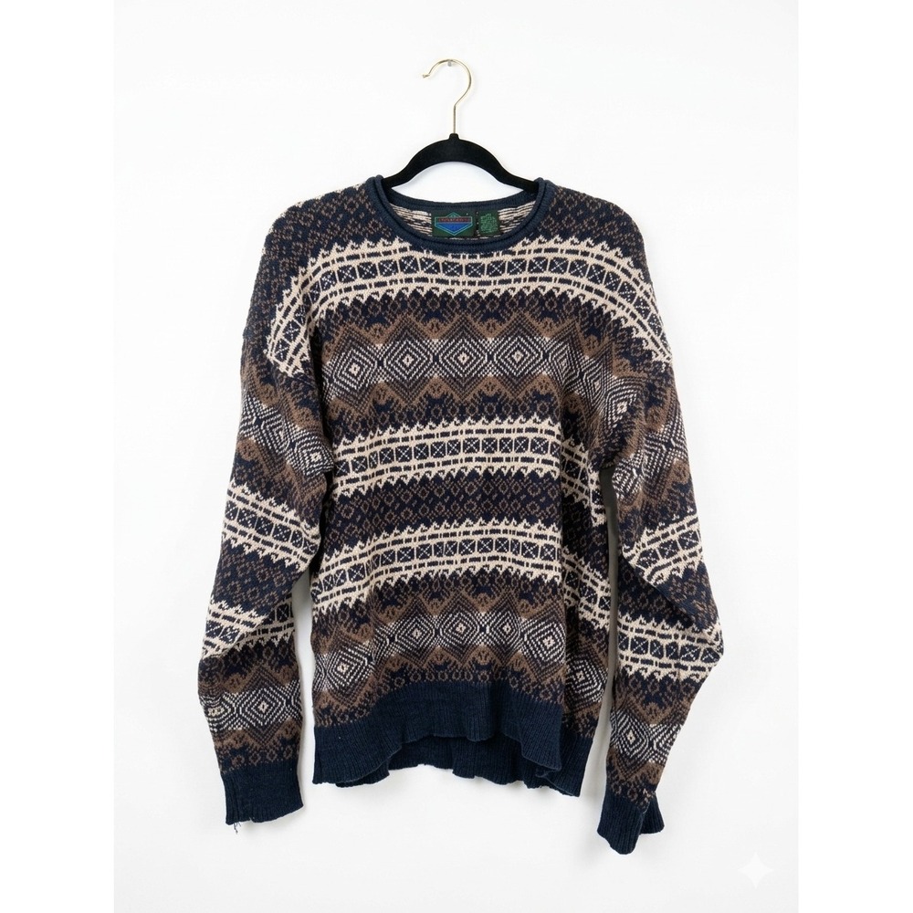 Etchings Vintage Mens Large Geometric Fair Isle Sweater Navy Brown Ramie Blend
